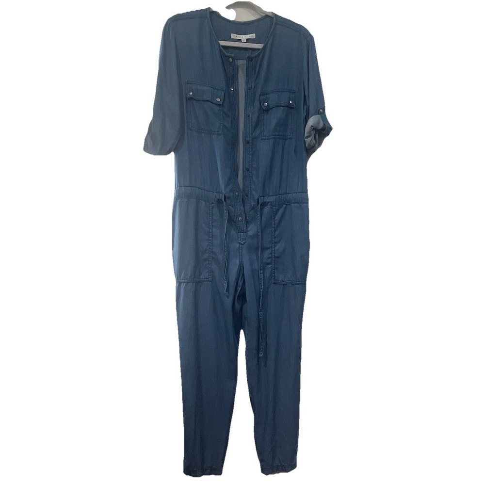Trina Turk Jumpsuit Button-Front Waist Tie Lyocell Cotton Pockets Blue 6